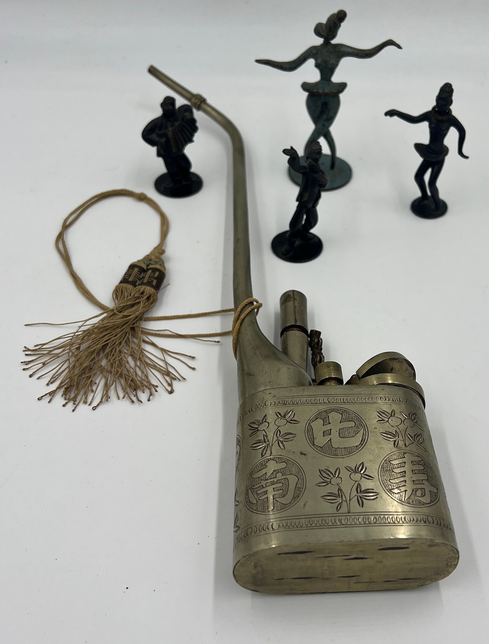 Four metal figures and a Chinese metal opium pipe. - Image 2 of 4