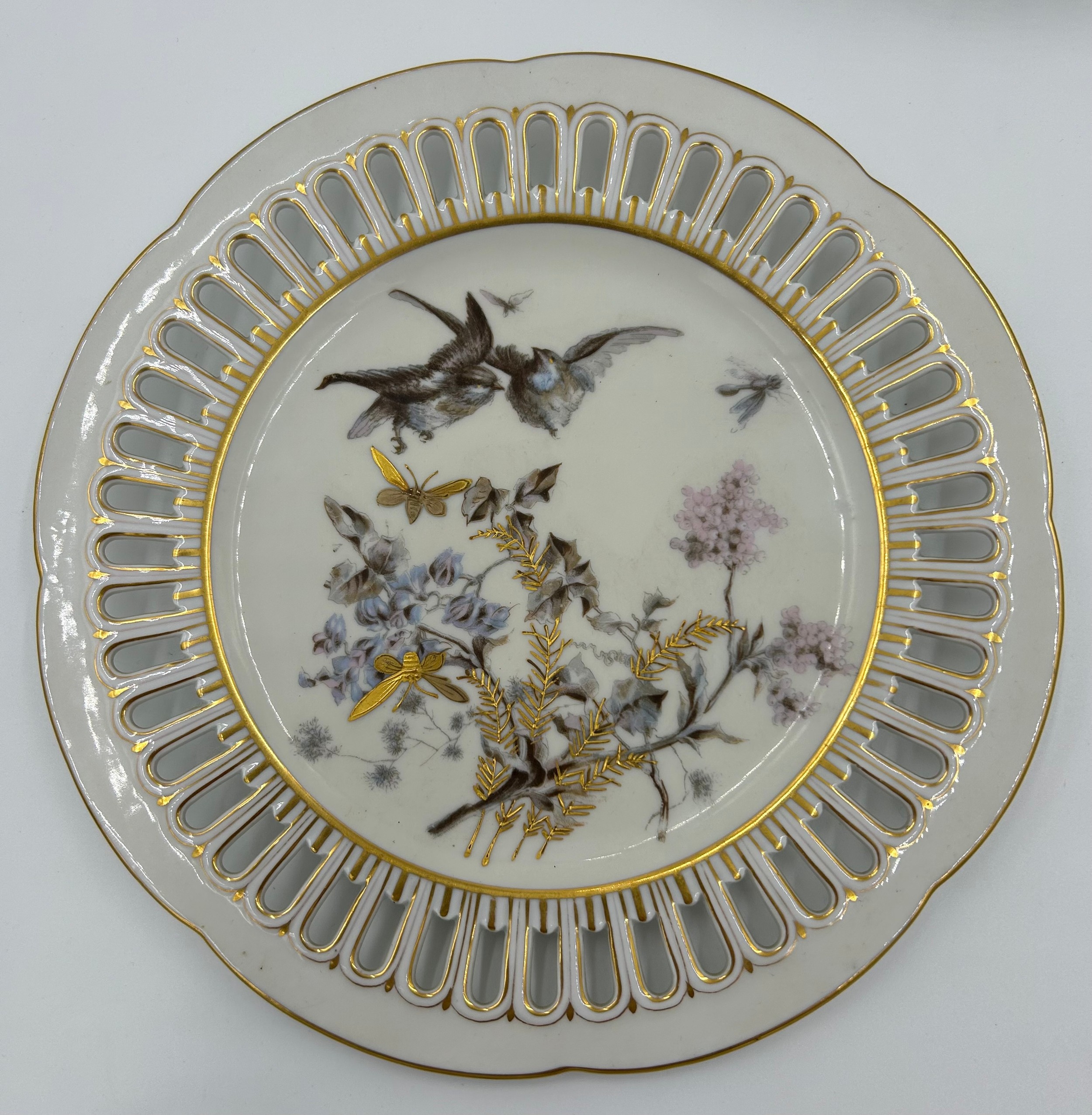Fischer & Mieg 19thC porcelain part tea service, with ribbon borders, floral, bird and gold insect - Image 2 of 5