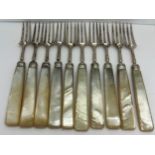 Ten silver dessert forks with mother of pearl handles. Sheffield 1816.