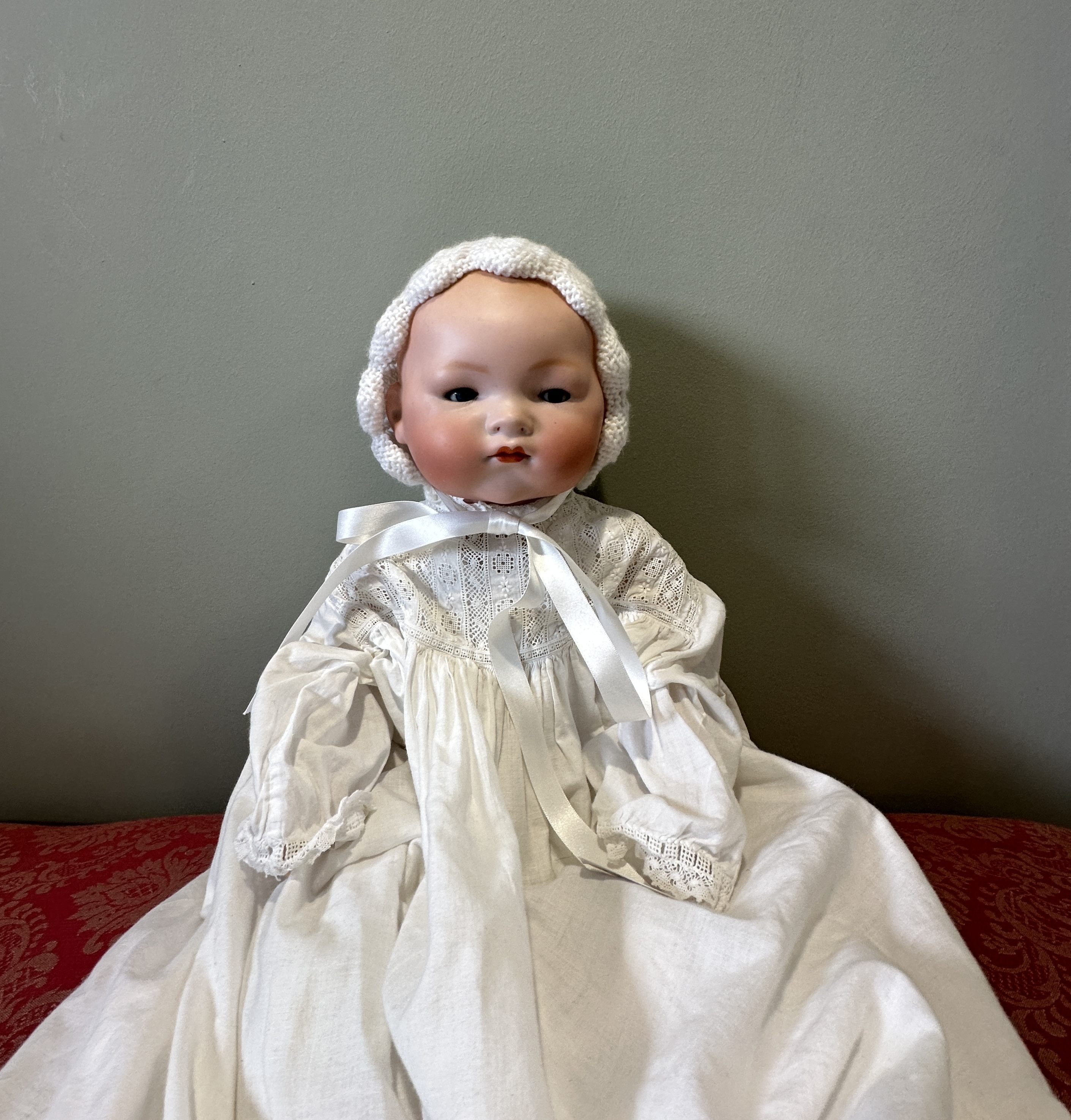 One Armand Marseille bisque headed doll in white cotton gowns. Marked A.M. Germany 341/8 - Image 2 of 5