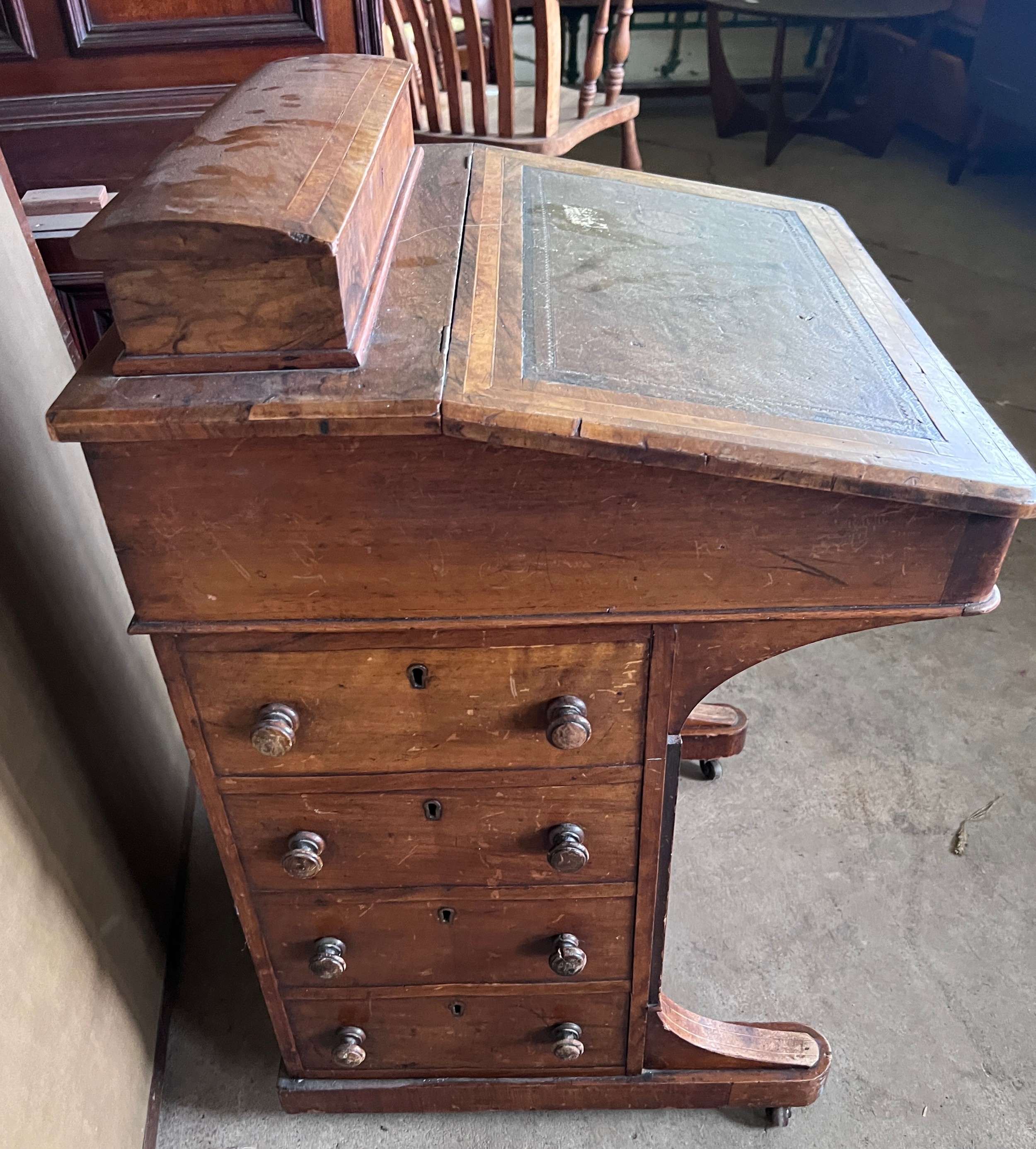 A 19thC walnut Davenport desk with bird’s eye maple interior. 81cm h x 53cm w x 54cm d. - Image 6 of 6