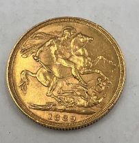A 1889 Victorian full sovereign.