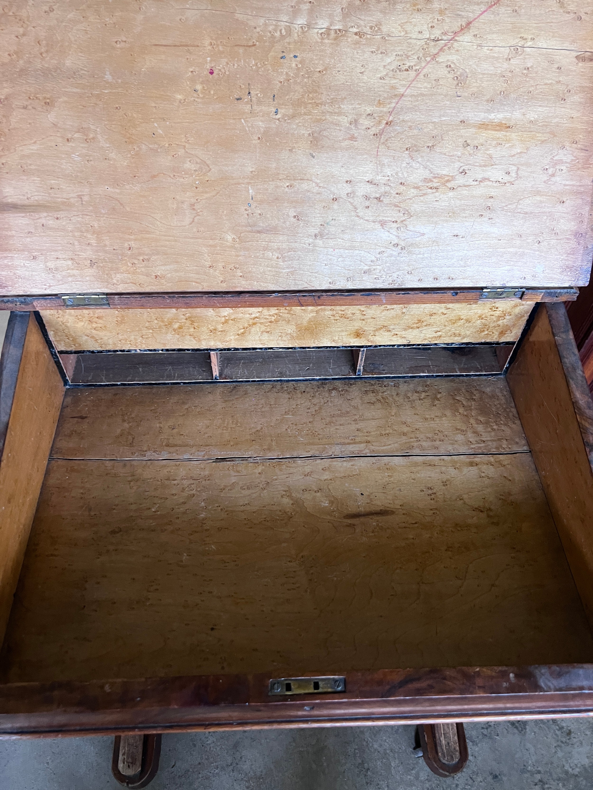 A 19thC walnut Davenport desk with bird’s eye maple interior. 81cm h x 53cm w x 54cm d. - Image 4 of 6