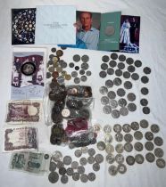 A collection of coins to include 2 pounds, 50p's, Silver Proof Alderney Diamond Wedding 5 pound,
