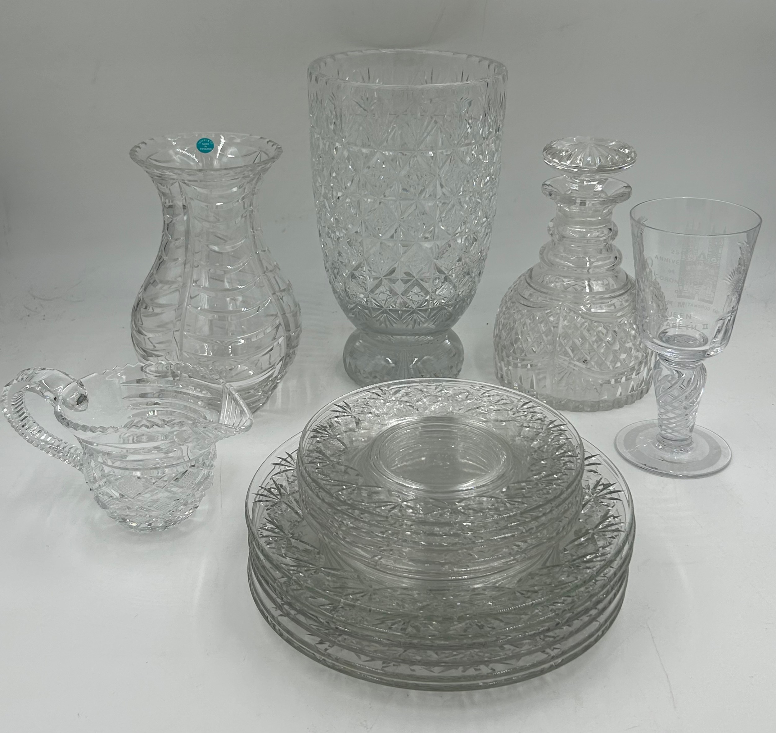 A selection of glassware to include Thomas Webb flower vase, Stuart Crystal Decanter, David Smith