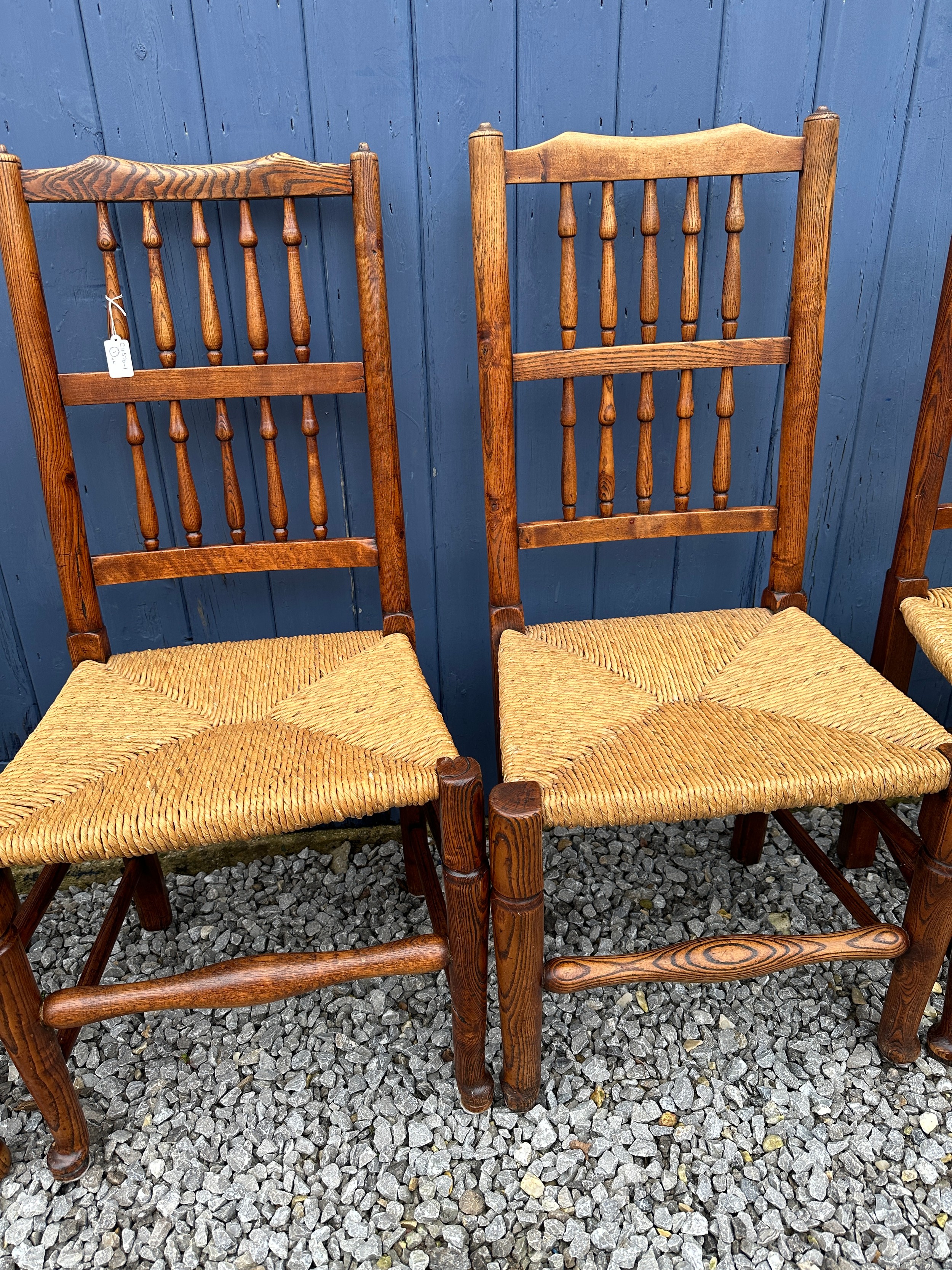 Six elm chairs, two carvers and four single, with rush seats. One carver approx. 110cm h x 59cm w ( - Bild 4 aus 8