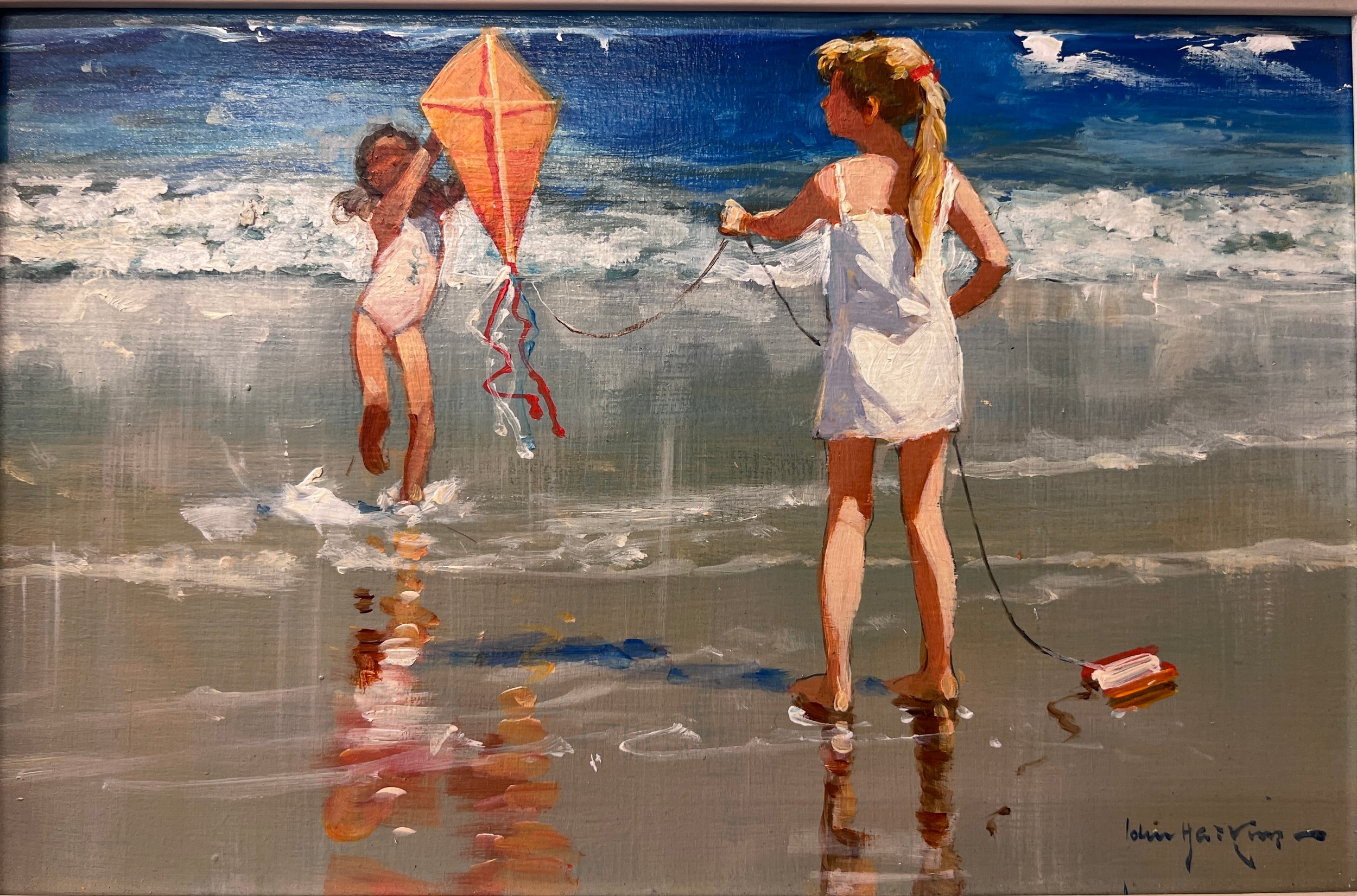 Oil on board signed John Haskins L.R. 'Launching the Kite'. Image size 19 x 29cms.