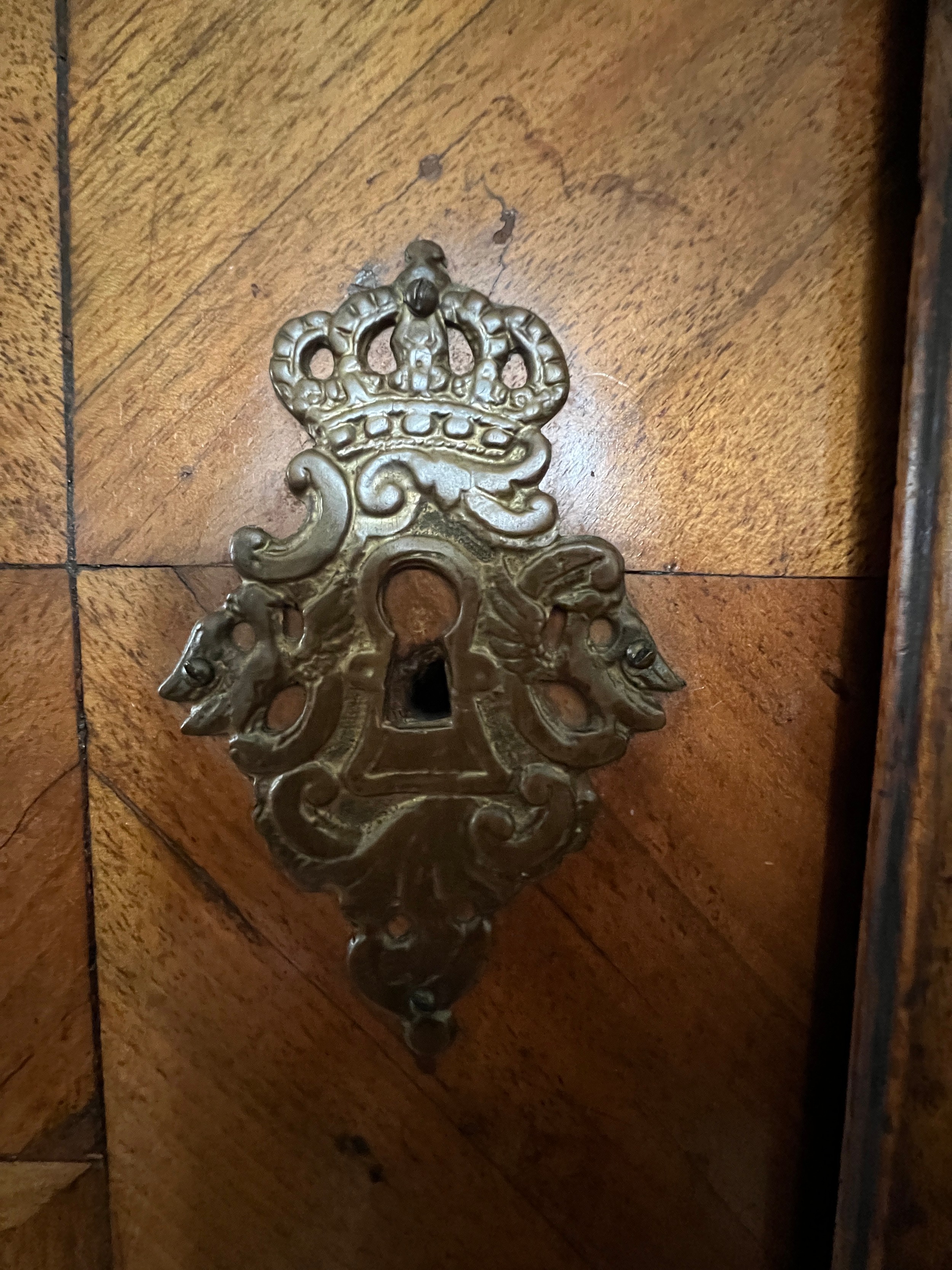 An 18thC Austrian inlaid two door wardrobe on bun feet. Dated 1727 to the top. 202cm h x 57cm d x - Image 8 of 20