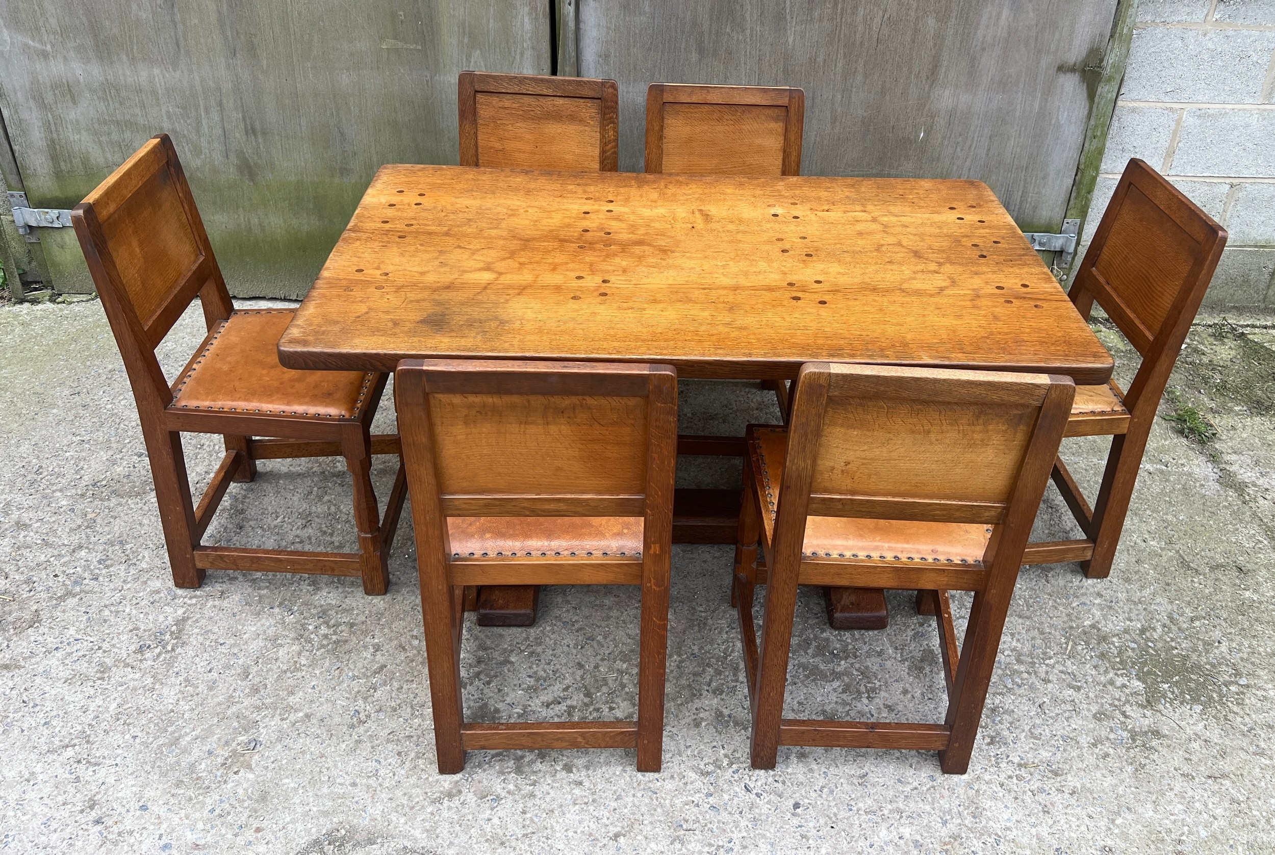 A Robert Thompson ‘Mouseman’ adzed oak dining table and six chairs given by Robert to his daughter - Image 11 of 44