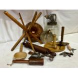 An assortment of kitchenalia to include a large copper mould 29cm d, a portable wooden stand, a Blow