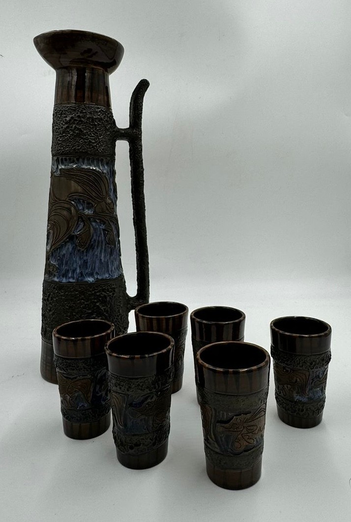 Selection of studio type ceramics to include a tall jug with six tumblers, one Chameleon Ware - Image 2 of 4