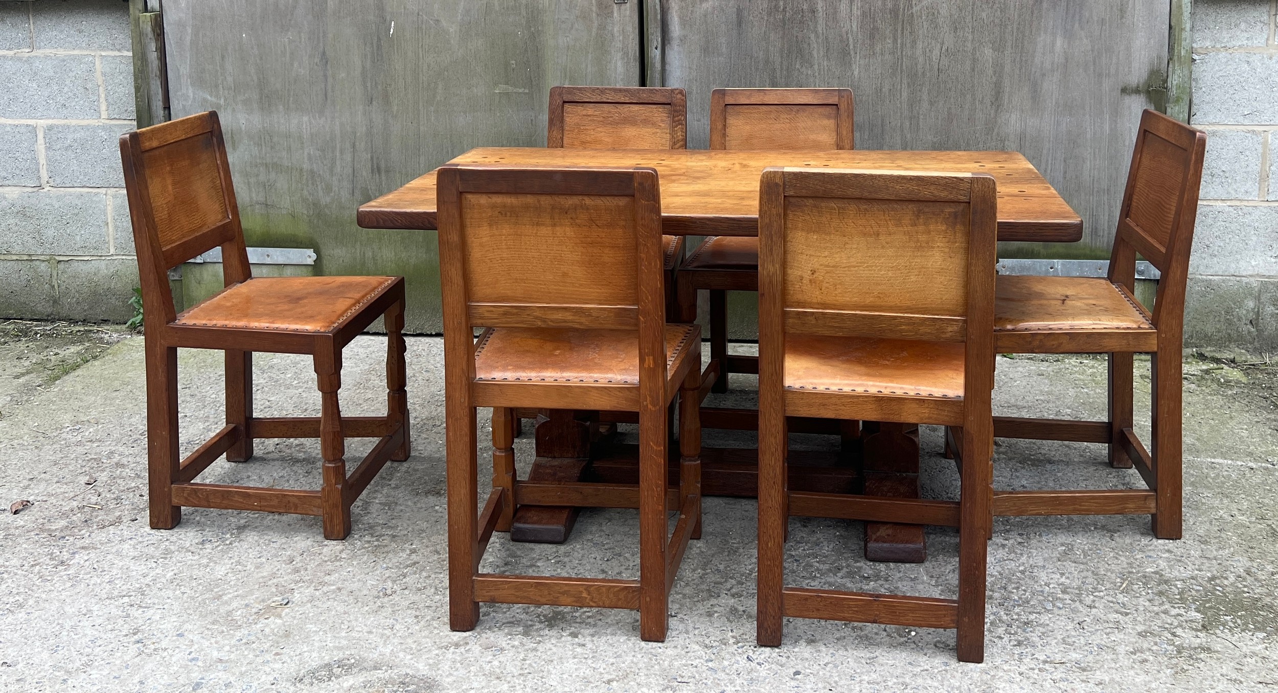 A Robert Thompson ‘Mouseman’ adzed oak dining table and six chairs given by Robert to his daughter - Image 10 of 44