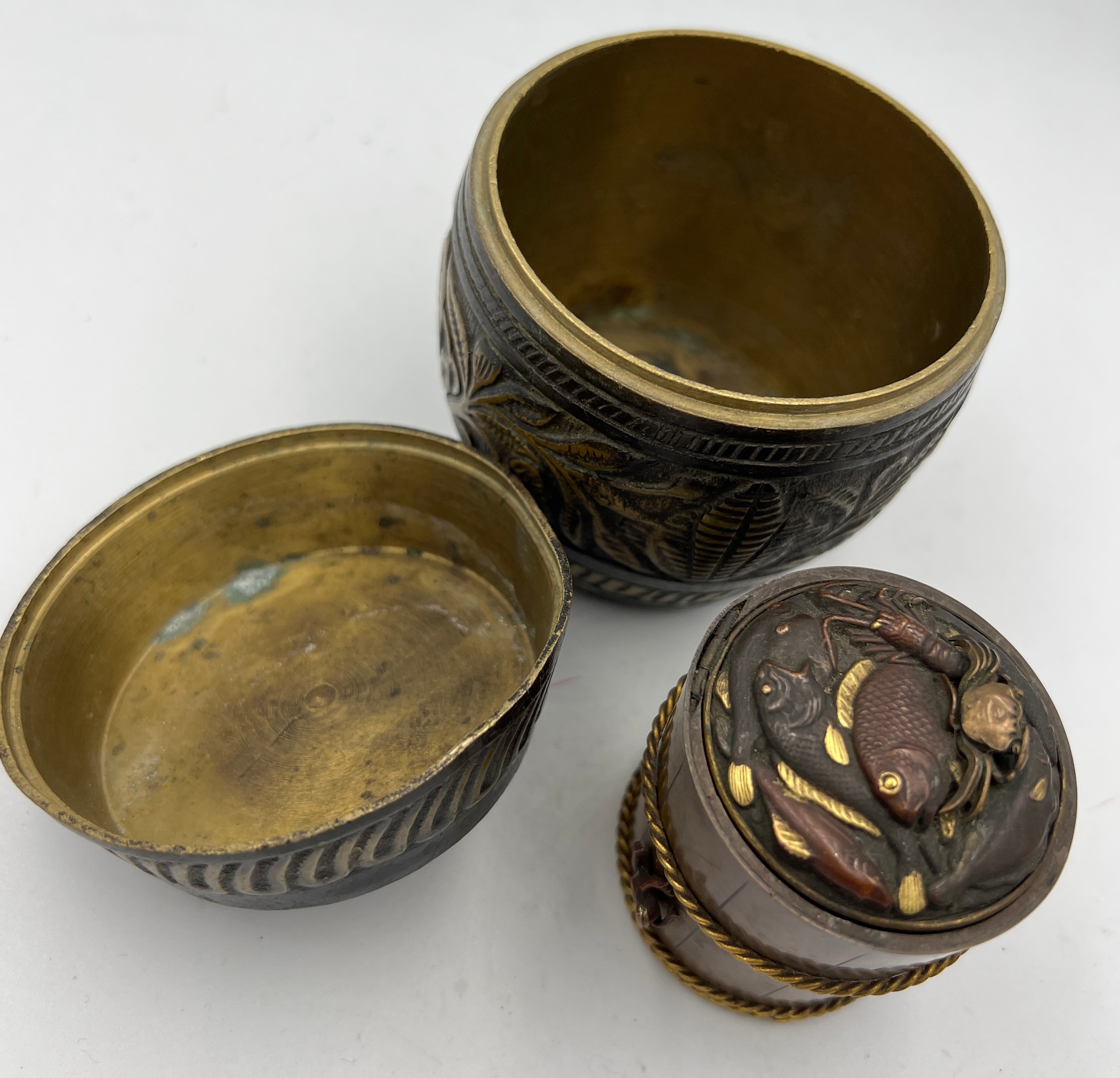 A Japanese brass and copper inkwell, 5.5cm h together with a brass lidded pot. - Image 6 of 7