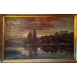 Oil on canvas river scene, a ferry crossing the river with horse and cart. Signed M. Clarke 1901