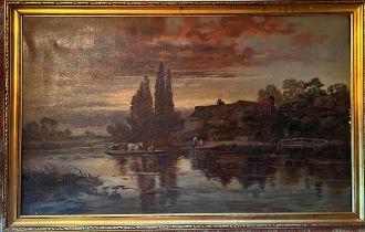 Oil on canvas river scene, a ferry crossing the river with horse and cart. Signed M. Clarke 1901