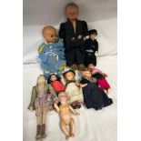 A collection of vintage dolls to include Kera doll in Dutch costume, a pot Dutch doll with clogs