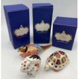 Three Royal Crown Derby paperweights to include a squirrel, a tortoise and a pheasant. All with gold