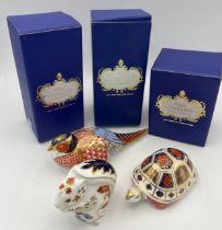 Three Royal Crown Derby paperweights to include a squirrel, a tortoise and a pheasant. All with gold