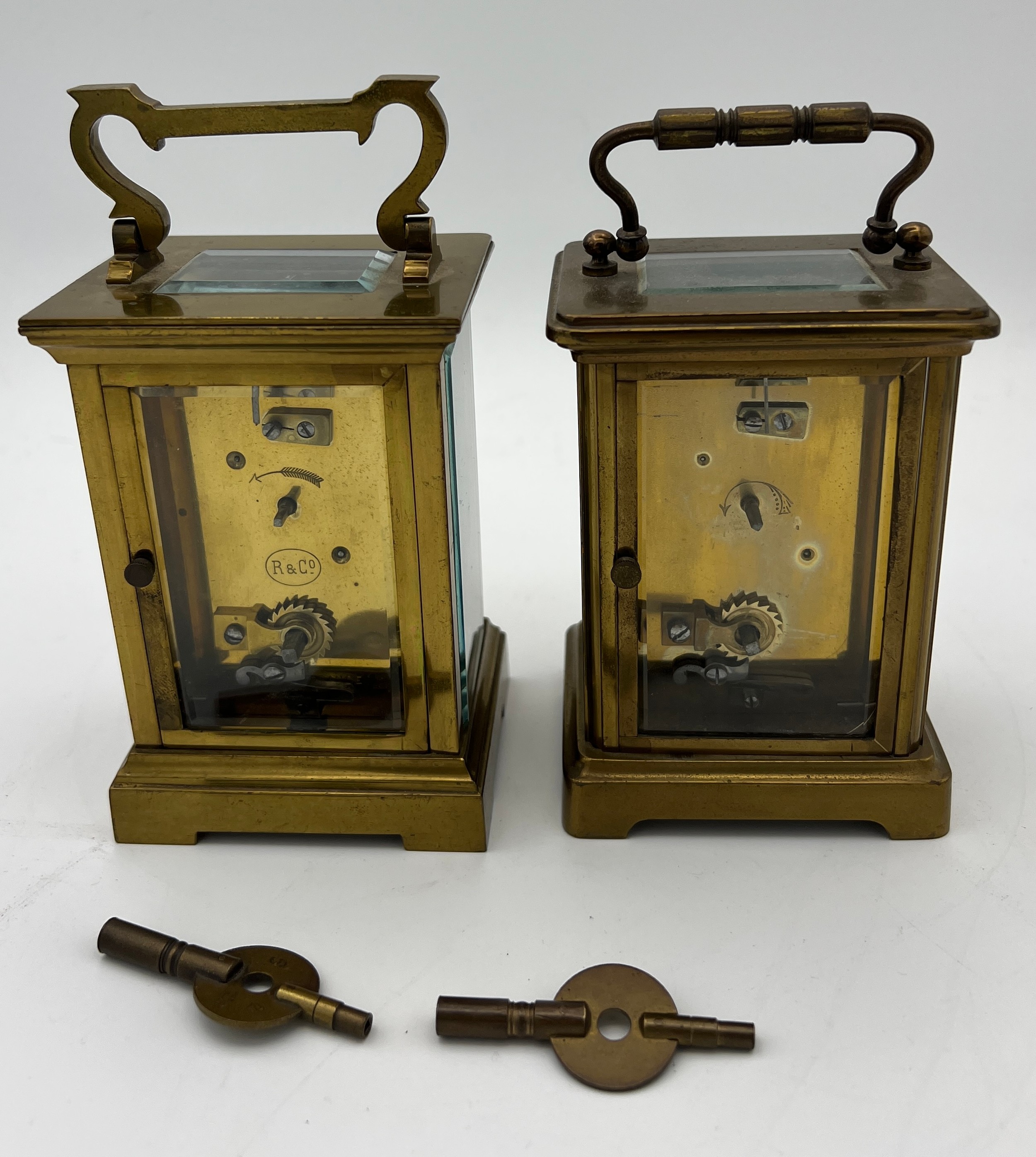 Two brass cased carriage clocks. One stamped R & C0 Made in France,not working, the other with white - Image 3 of 5