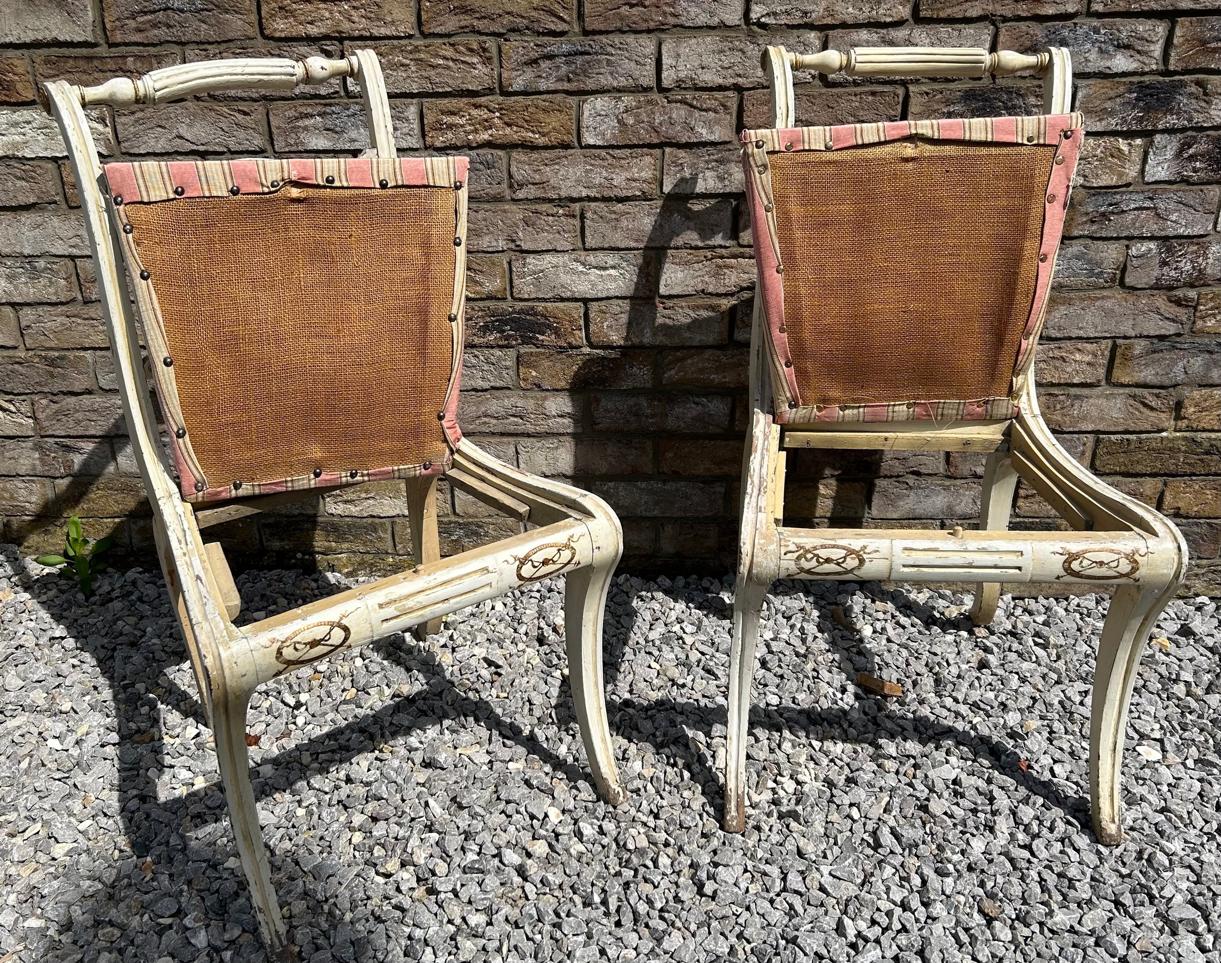 A pair of early 19thC bar backed painted chairs with sabre legs to the front. - Image 5 of 6