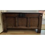 A 17thC oak coffer with iron lock and snipe hinges. 98cm w x 36cm d x 52cm h.