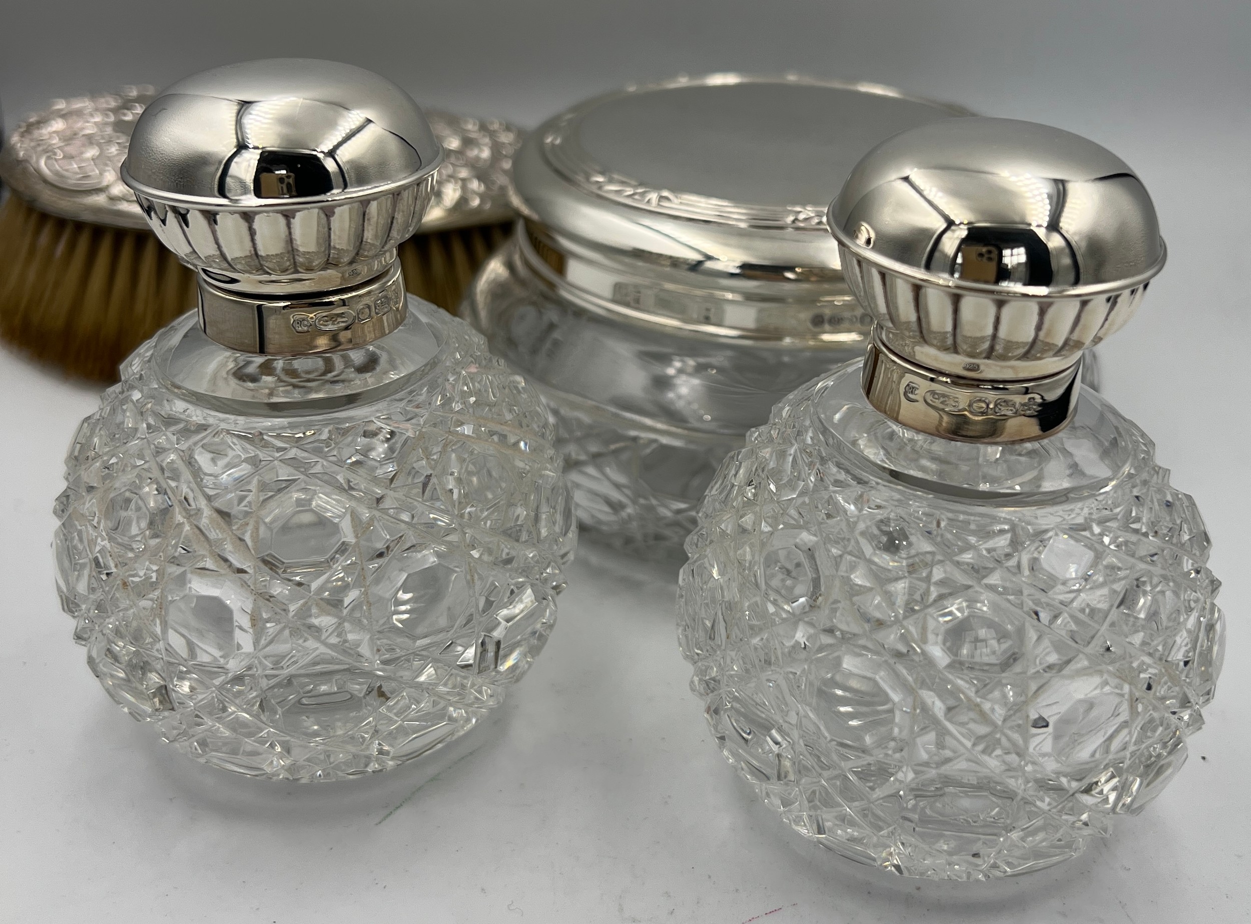 Four silver topped glass dressing table jars. Sheffield 2000, maker Carr’s of Sheffield Ltd and a - Image 2 of 4