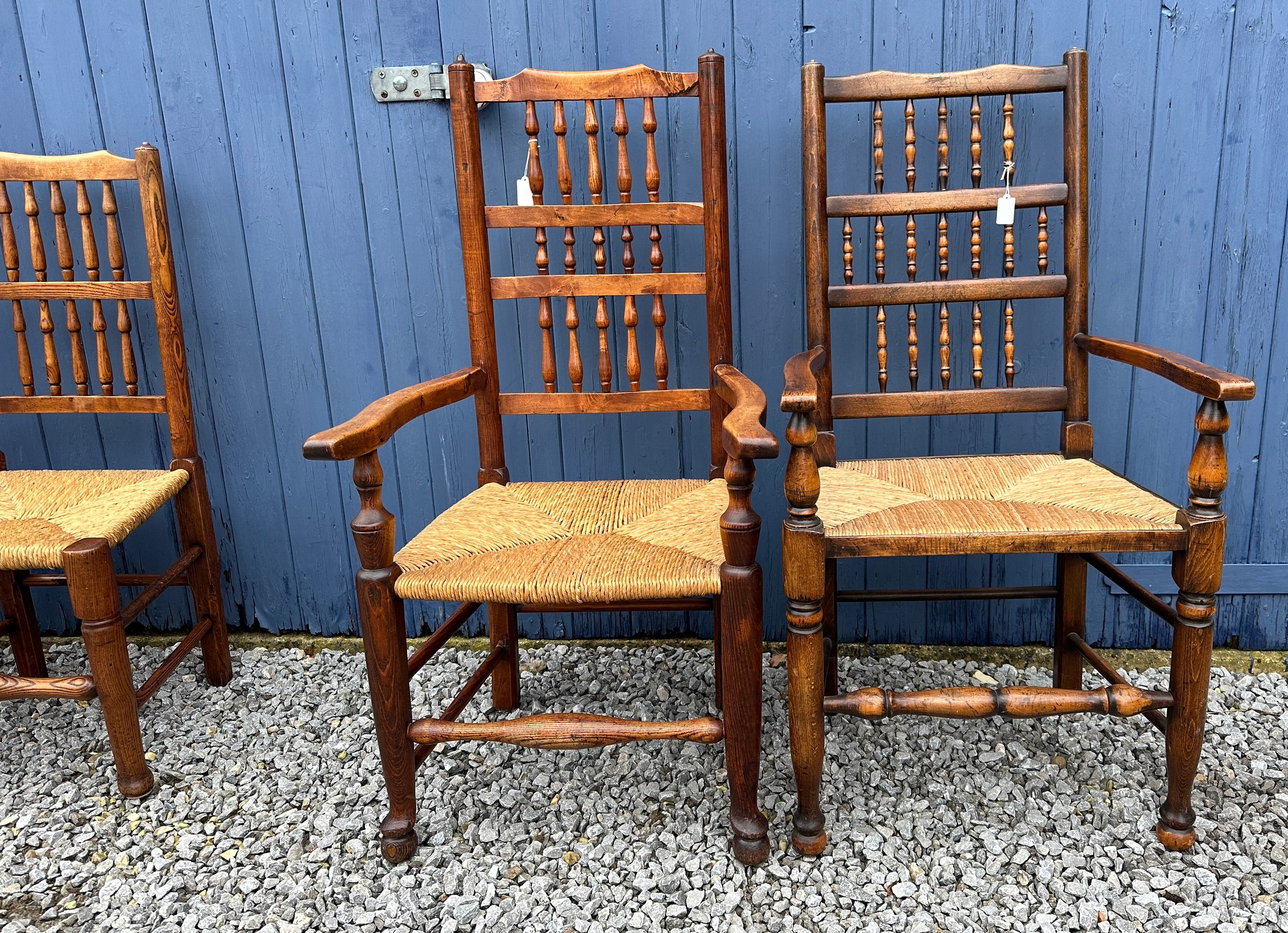 Six elm chairs, two carvers and four single, with rush seats. One carver approx. 110cm h x 59cm w ( - Bild 3 aus 8