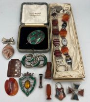 Scottish agate , silver and white metal jewellery, loose stones and seals to include brooches,