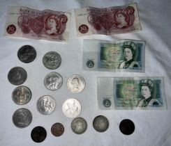Coins and notes to include 9 x Crowns, 2 x One pound banknotes, 2 x Ten Shillings banknotes etc.