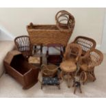 Various 19thC and 20thC toy wicker and wood items to include cradles, chairs and tables. Largest