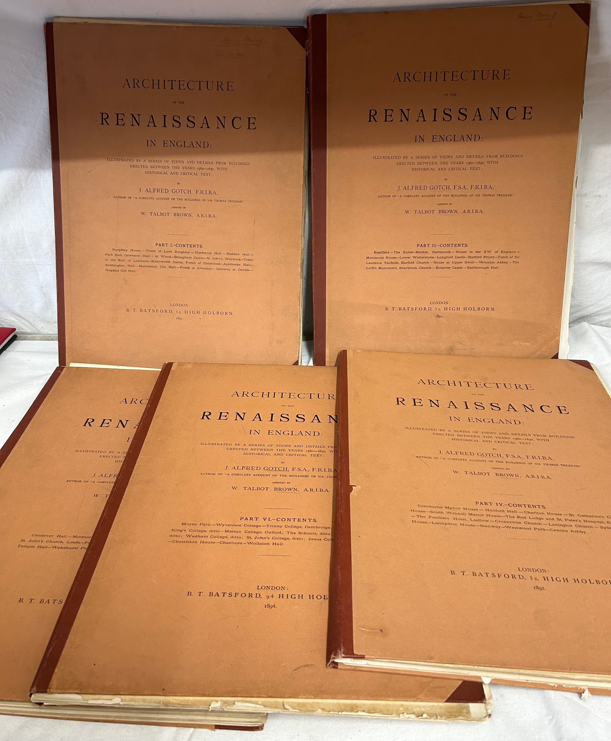 A collection of five A3 folios 'Architecture of the Renaissance in England, by J. Alfred Gotch, pub.