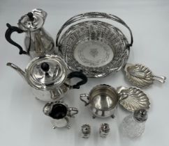 A quantity of good quality silver plated items to include basket with wheat sheaves and a swing