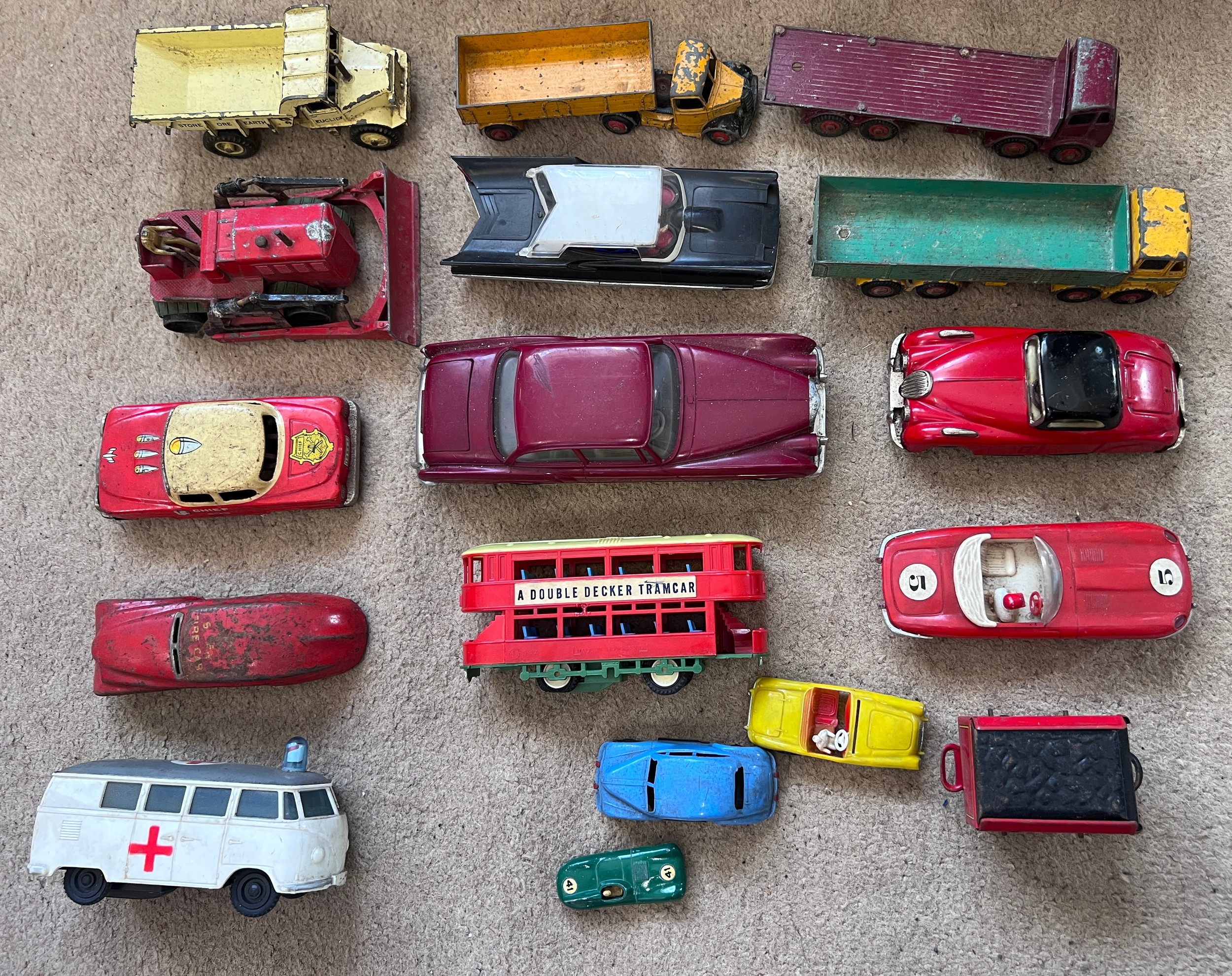 Diecast and tinplate toys to include Dinky Blaw Knox Bulldozer, Dinky Euclid Rear Dump Truck 965,