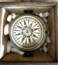 A gamble mounted ships compass in wood outer case, lacking lid. Case 18cm x 18cm. Maker Georg