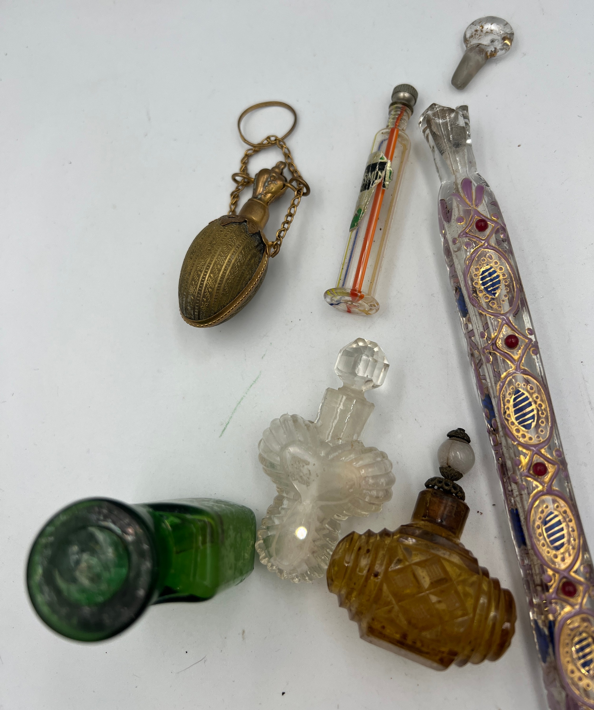 Six various glass and brass scent bottles to include Murano, Crown Perfumery and a brass egg - Image 2 of 2