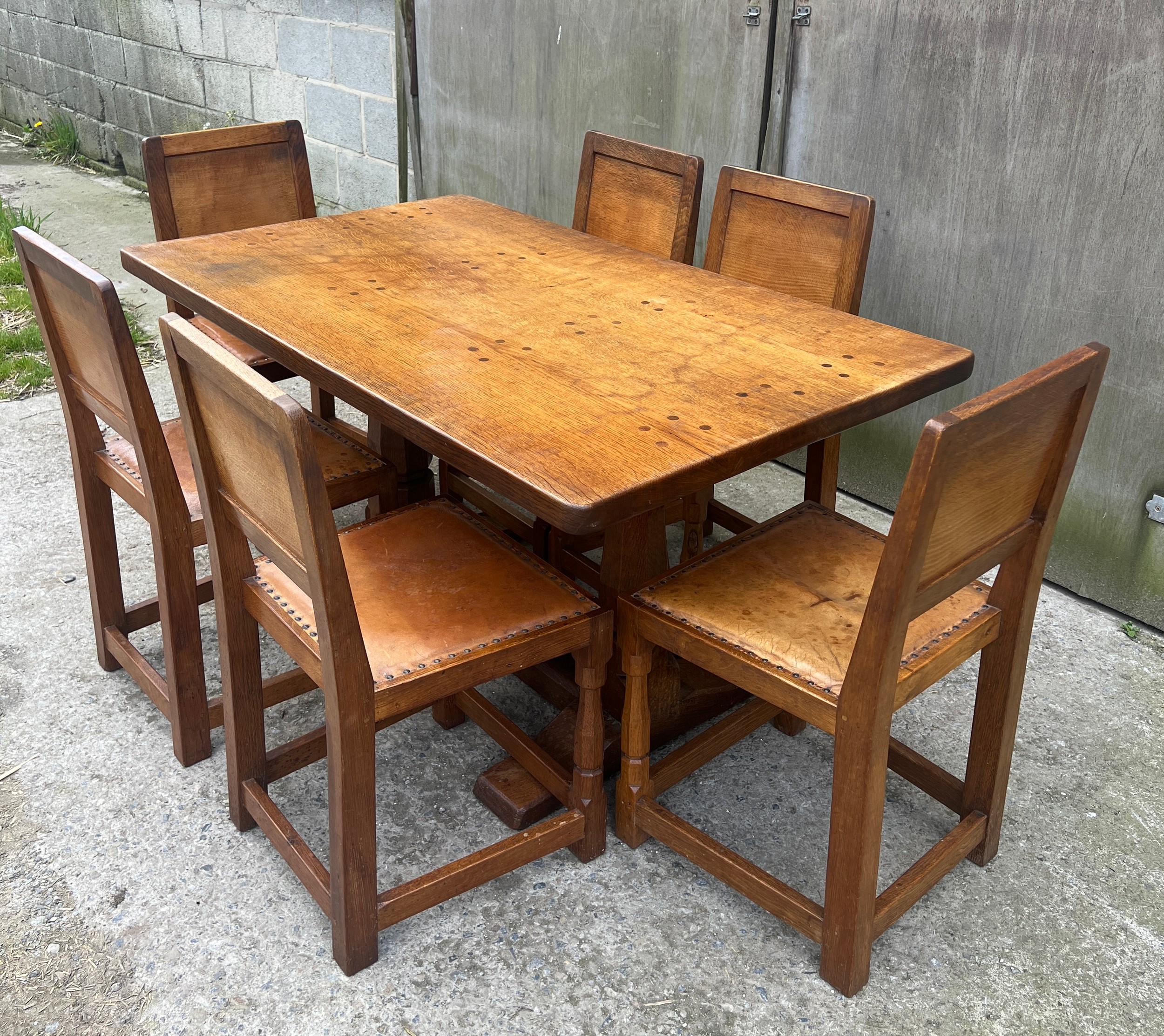 A Robert Thompson ‘Mouseman’ adzed oak dining table and six chairs given by Robert to his daughter - Image 14 of 44