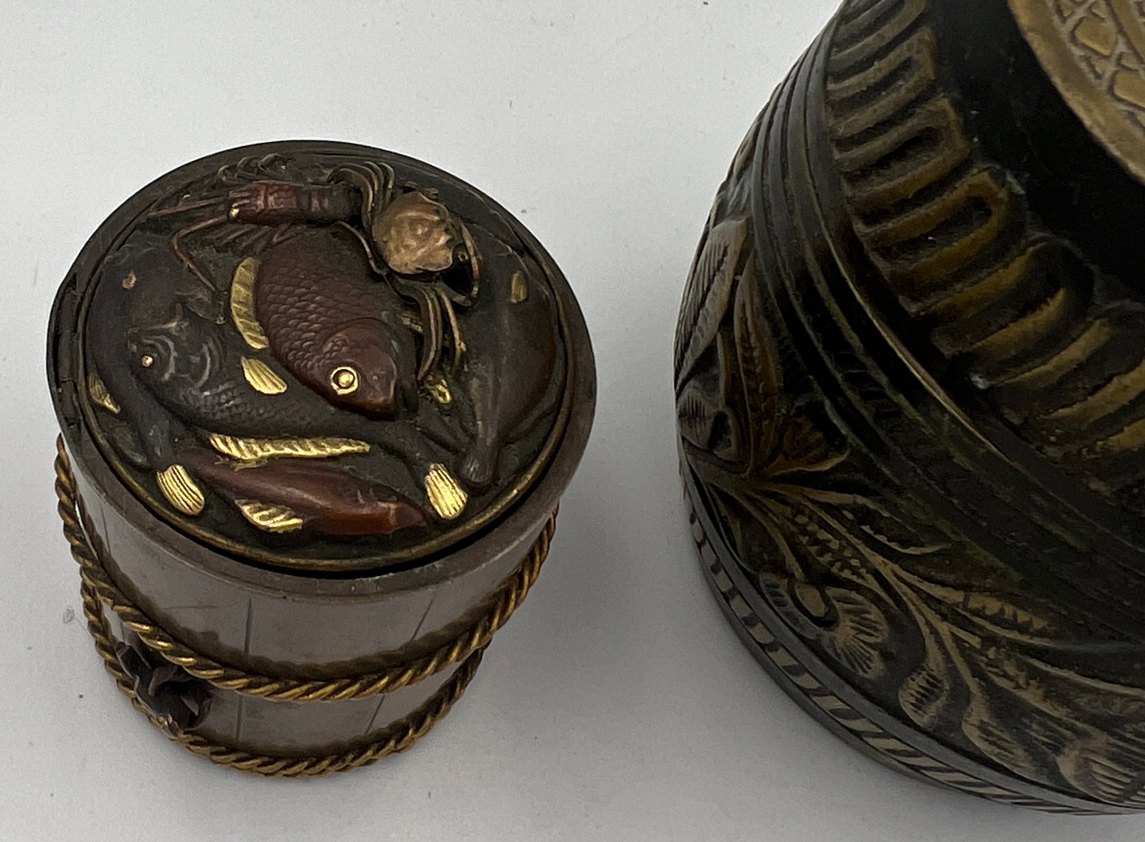 A Japanese brass and copper inkwell, 5.5cm h together with a brass lidded pot. - Image 2 of 7