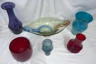 Six items of glassware to include Dartington purple vase 33cm h, Rudolf Beranek fruit bowl 50cm w
