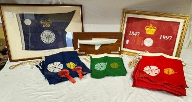 Royal Yorkshire Yacht Club memorabilia to include two framed flags one red and one blue, a model