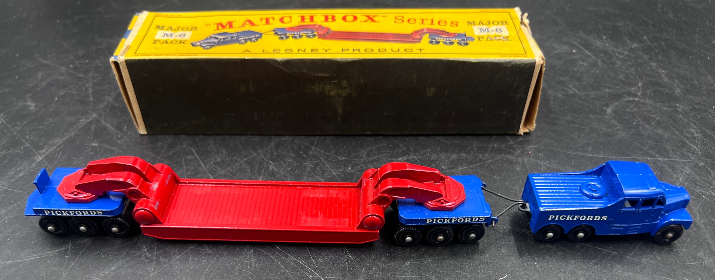 A boxed Lesney 'Matchbox' series M-6 Major pack Pickfords 200 ton transporter, dark blue tractor - Image 3 of 8