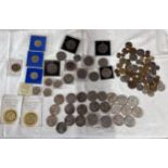 A collection of coins to include 24 x 5 pound coins, various crowns, various foreign currency etc.