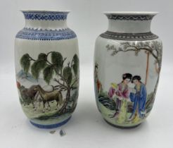 Two Oriental vases 23cm h. Depicting people and horses.