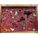 A pine framed table top display case and vintage jewellery contents including buttons, beads,