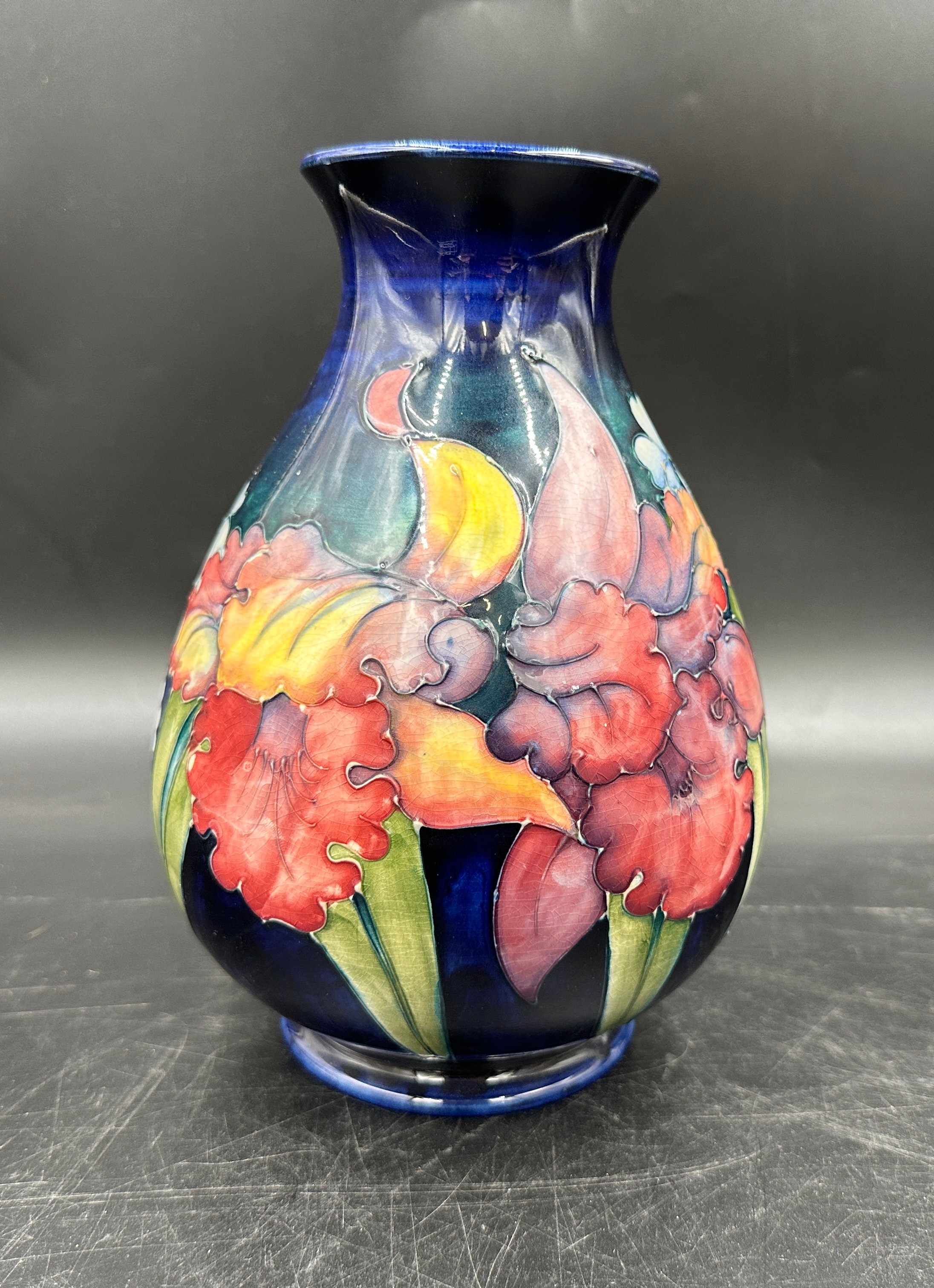 A Moorcroft Orchid pattern baluster vase on a blue ground, impressed marks and blue signature to