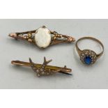 Two 9 carat gold bar brooches, one with seed pearls in the form of a swallow and a 9 carat gold