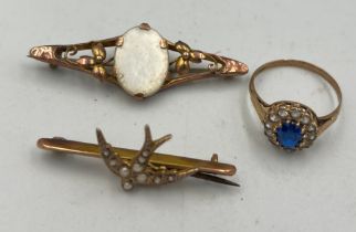 Two 9 carat gold bar brooches, one with seed pearls in the form of a swallow and a 9 carat gold
