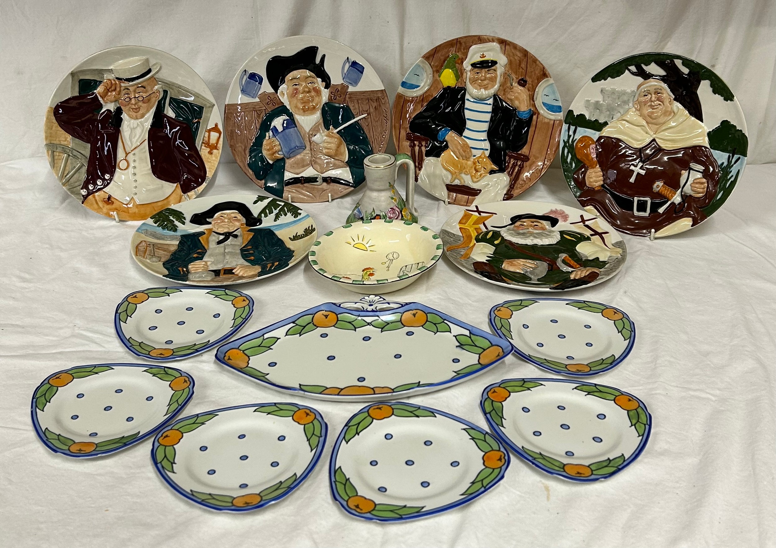 English ceramics to include a set of Burleigh ware plates, designed by Charlotte Rhead, pattern