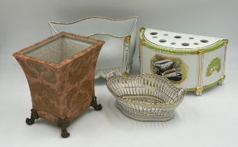 A selection of ceramics to include Dresden basket, Vista Alegre planter, A Wong Lee, 1895 bronze