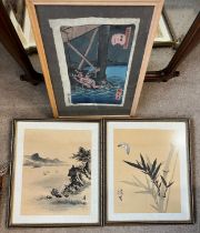 Three framed Chinese watercolour paintings on fabric. Approximate size including frame 32cm x 27cm.