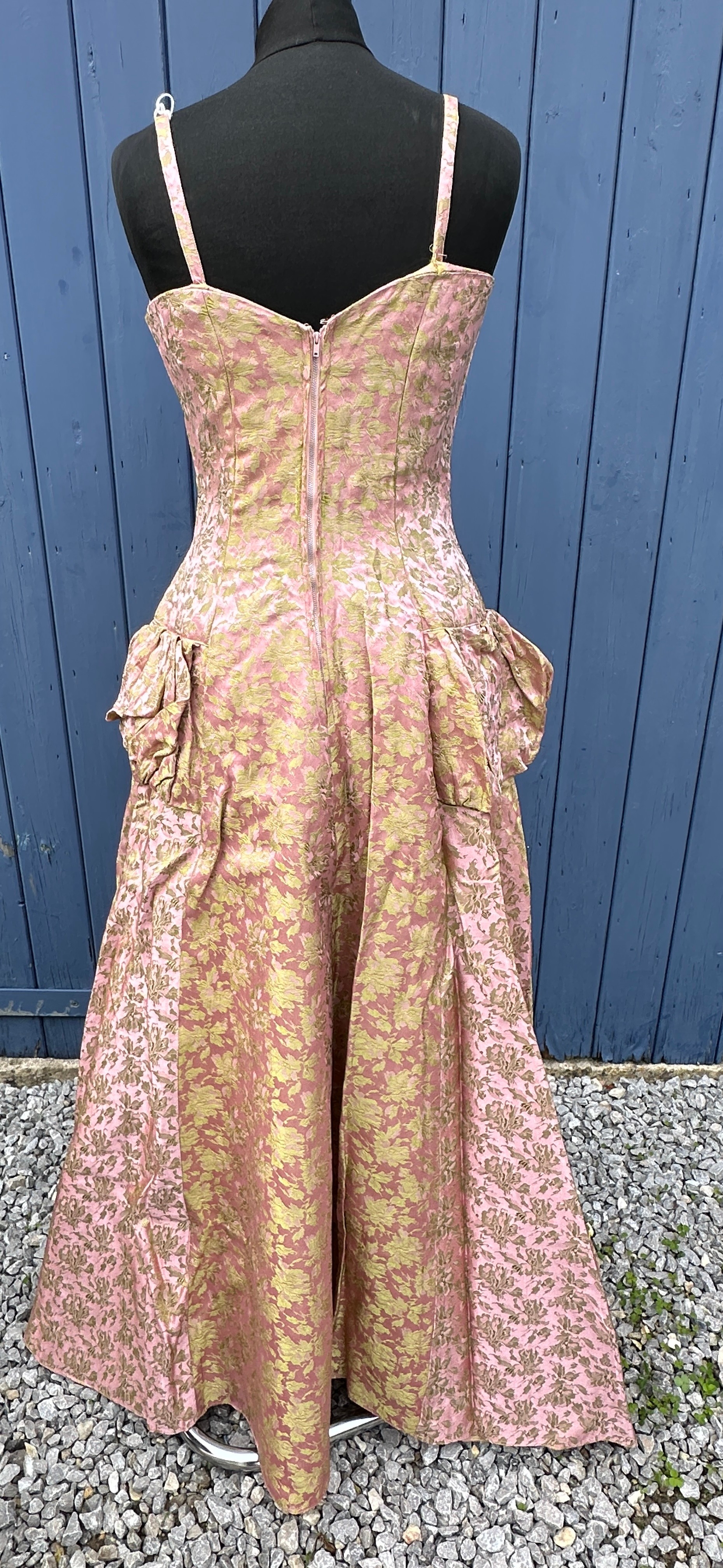 A 1950's Chafil, London full length pink and green demask dress, sleeveless with boned bodice, lined - Image 6 of 9